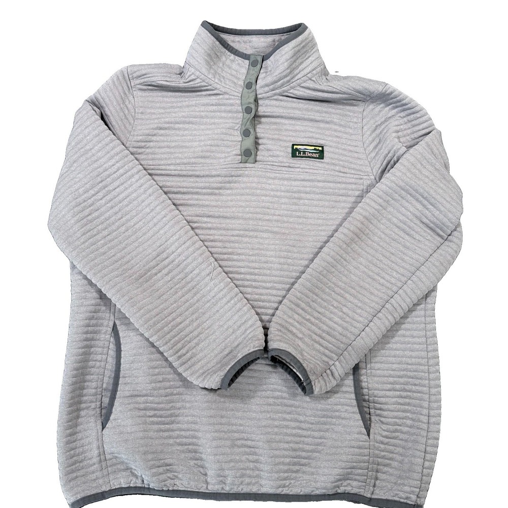 LL Bean Airlight Knit Pullover Fleece Snap Womens Size L Large Gray Sweater Coat